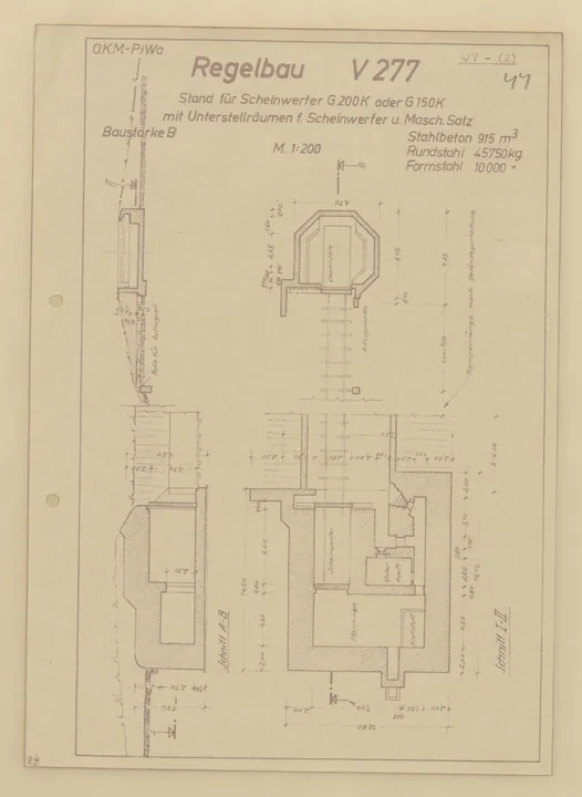 Bunkertegning af V277 – Bunker til 200/150cm søgelys og maskineri