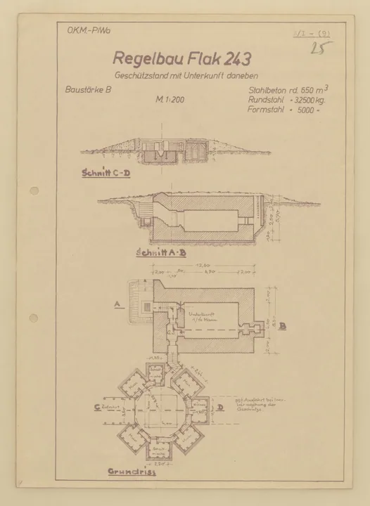 Bunkertegning af Fl243 – Bunker til 8,8/10,5cm antiluftskyts kanon