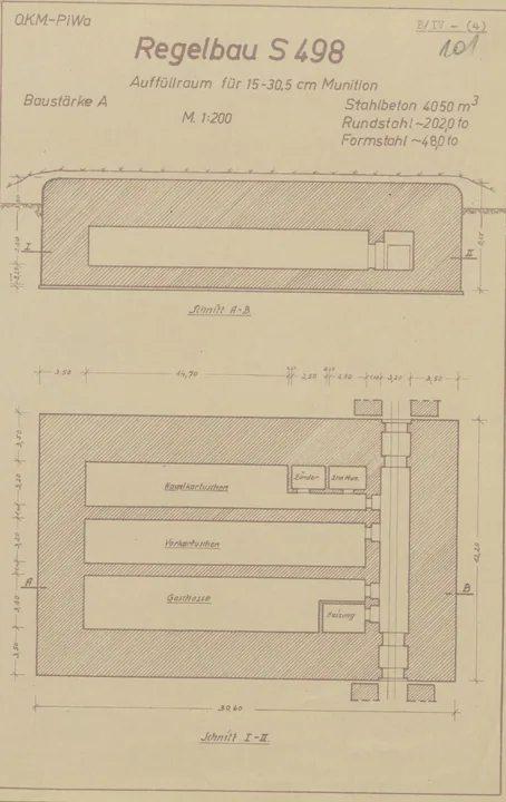 Bunkertegning af S498 – Ammunitionsdepot til 15 - 30,5cm ammunition
