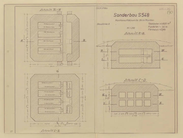 Bunkertegning af S548 – Ammunitionsdepot til 38cm ammunition