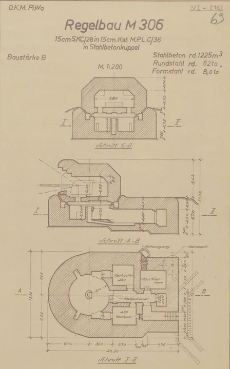 Bunkertegning af M306 – 15cm SK C/28 i 15cm MPL C/36 i armeret betonkubbel