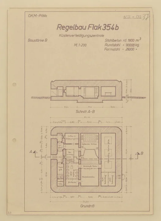 Bunkertegning af Fl354b – Kystforsvarscentral