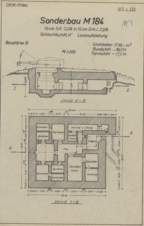 Bunkertegning af M184 – Stilling med 15cm skibskanon(SKC/28) i dobbelt dreje-tårn C/28