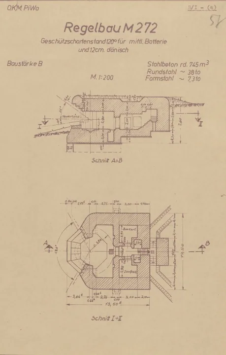Bunkertegning af M272 – Lukket kanonstilling med åben front 120° til mellem batteri og danske 12cm