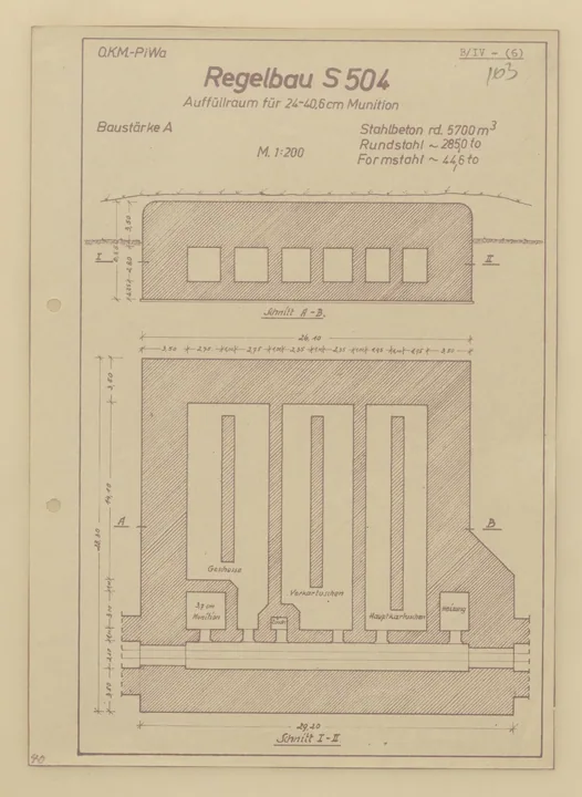 Bunkertegning af S504 – Ammunitionsdepot til 24 - 40,6cm ammunition