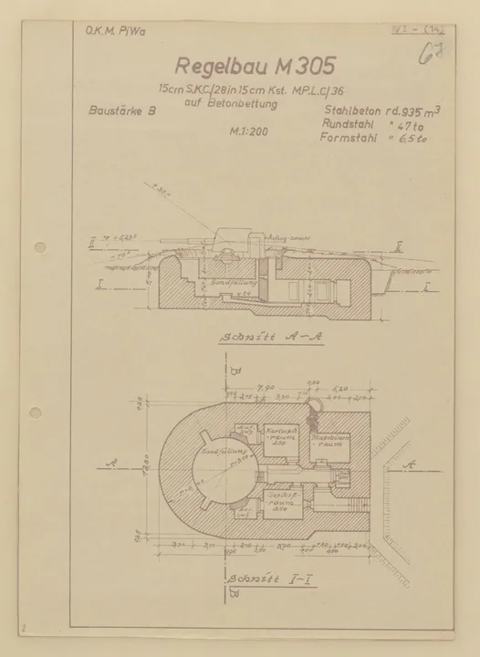 Bunkertegning af M305 – Stilling til 15cm SK C/28 i 15cm MPL C/36