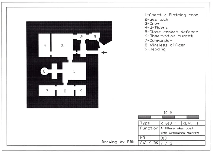 Bunkertegning af 613 – Artilleri observationsbunker med observationstårn