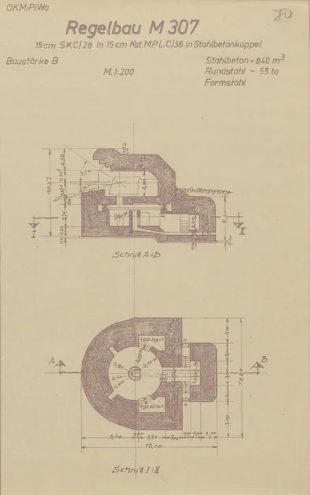 Bunkertegning af M307 – Kanonplacering til 15 cm SK C/28 i 15 cm centerdrejebeslag C/36 i roterende kuppel af armeret beton
