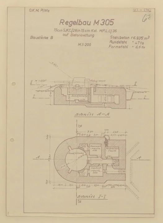 Bunkertegning af M305 – Stilling til 15cm SK C/28 i 15cm MPL C/36