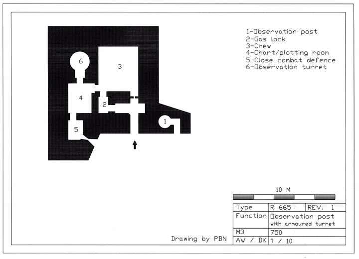 Bunkertegning af 665 – Infanteri-observationsbunker med armeret tårn