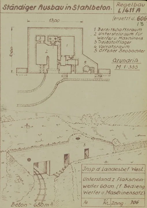 Bunkertegning af L411A – Bunker til 60cm antiluftskyts-søgelys