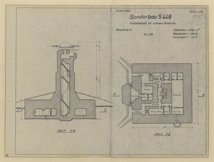 Bunkertegning af S448 – Tårn-ildleder bunker til tunge batterier