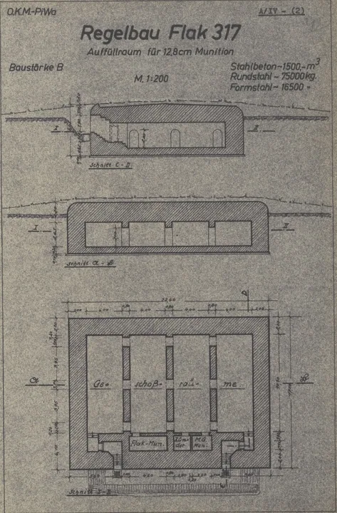 Bunkertegning af Fl317 – Ammunitionsdepot til 12,8cm batteri