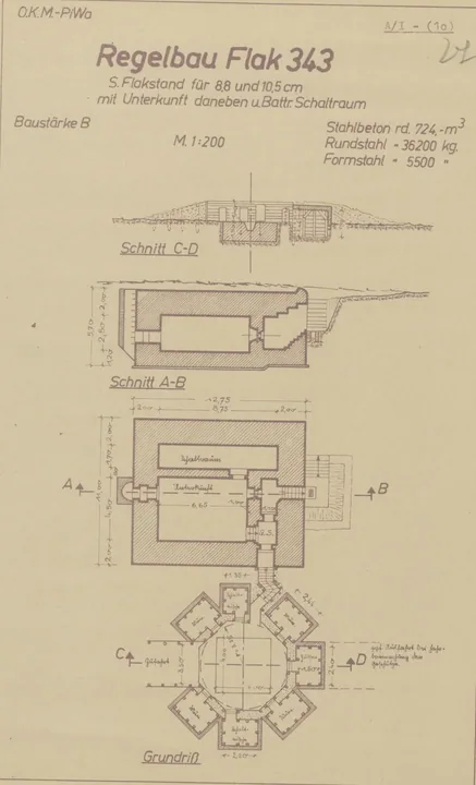 Bunkertegning af Fl343 – Bunker til tung 8,8/10,5cm antiluftskyts kanon