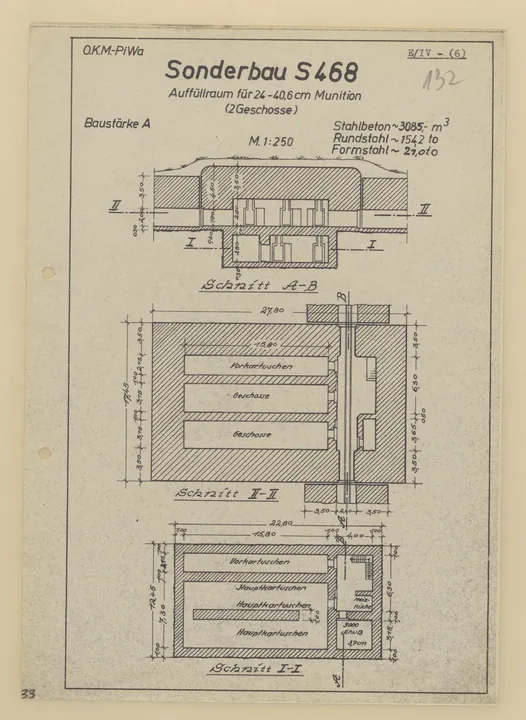 Bunkertegning af S468 – Ammunitionsdepot til 24 - 40,6cm batteri