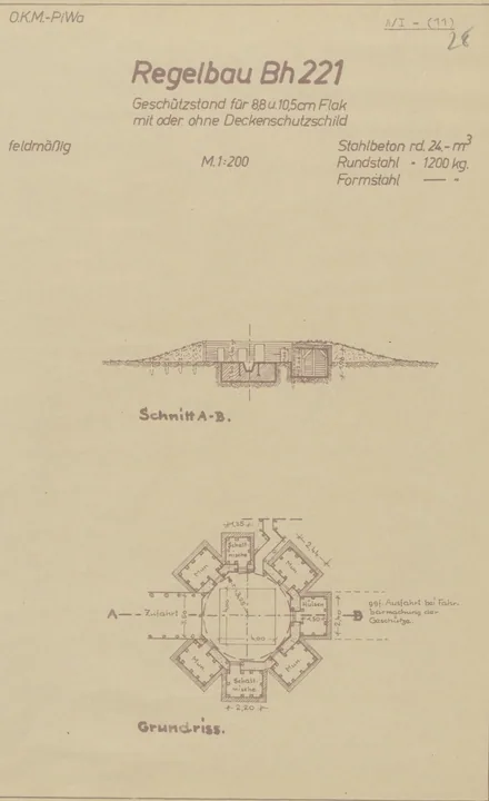 Bunkertegning af Bh221 – Stilling til 8,8/10,5cm antiluftskyts kanon