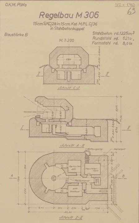Bunkertegning af M306 – 15cm SK C/28 i 15cm MPL C/36 i armeret betonkubbel