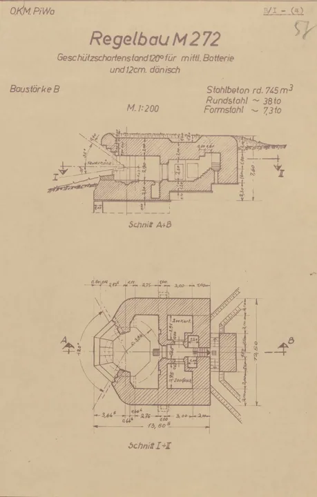 Bunkertegning af M272 – Lukket kanonstilling med åben front 120° til mellem batteri og danske 12cm